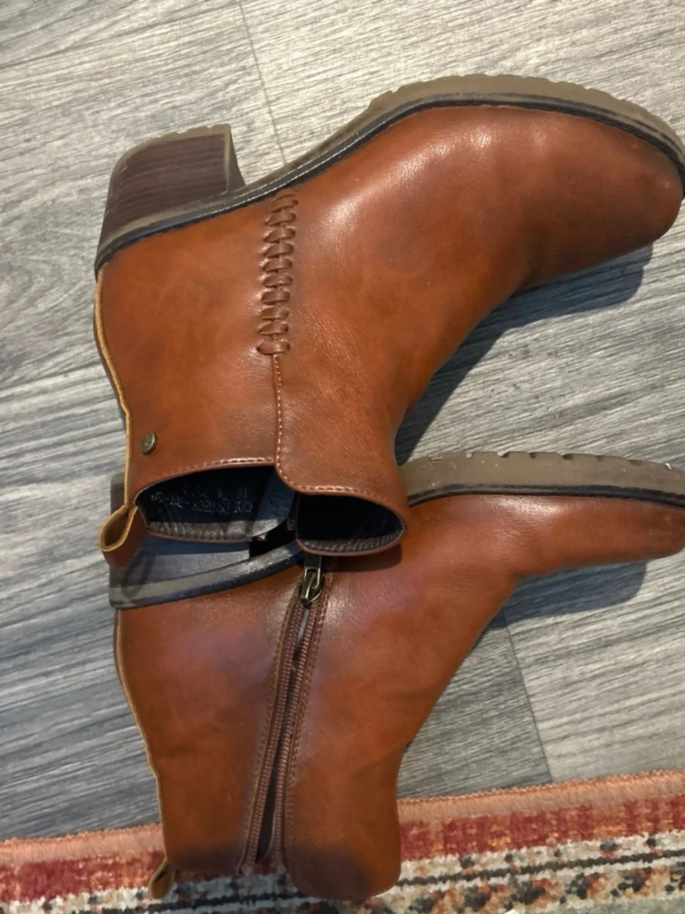 Women's Cognac Leather Ankle Booties with Block Heel